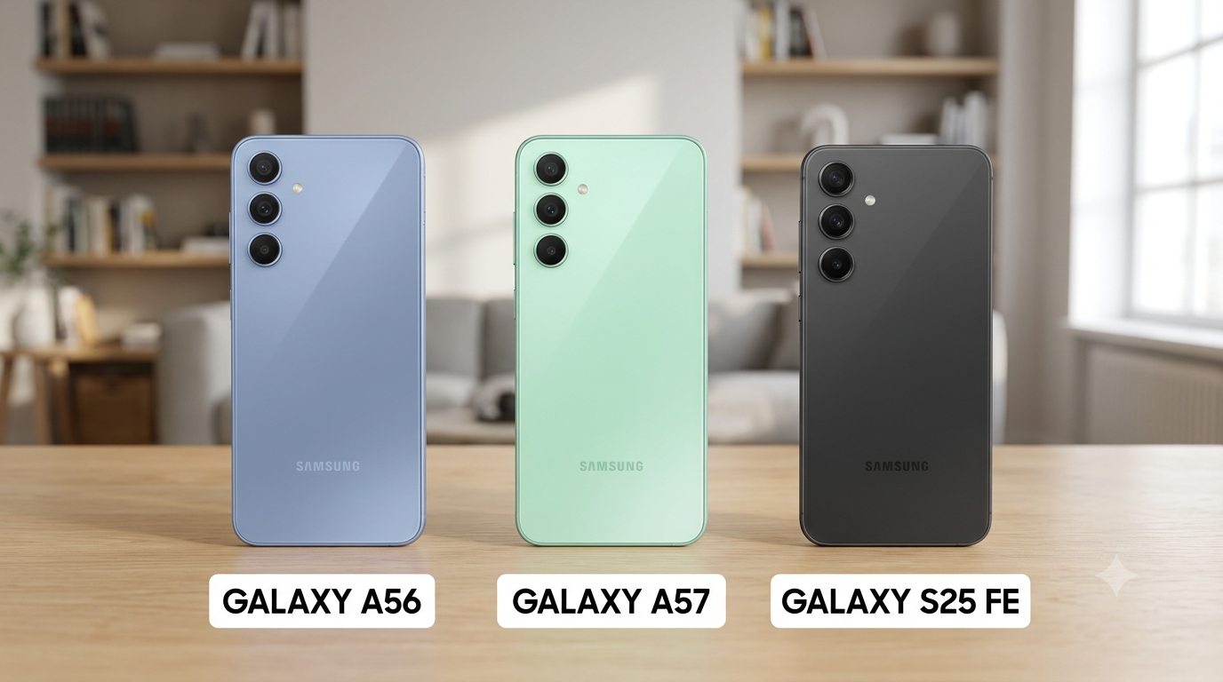 مقایسه Galaxy A56، Galaxy A57 و Galaxy S25 FE | کدام گوشی سامسونگ ارزش خرید بیشتری دارد؟ (راهنمای کامل خرید ۱۴۰۵)