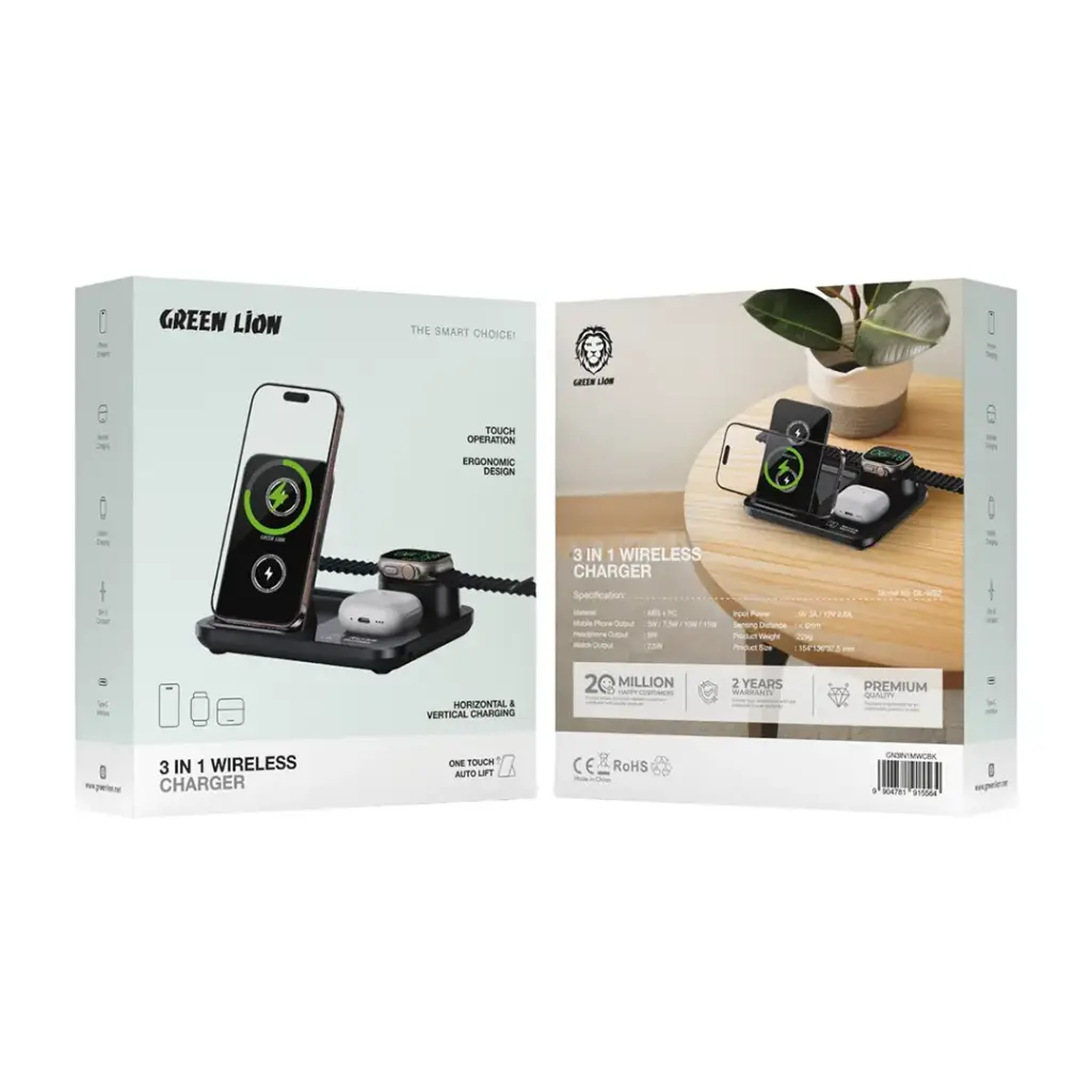 استند شارژر وایرلس 3 در 1 گرین لاین Green Lion Multifunctional Wireless Charger مدل GN3IN1MWCBK