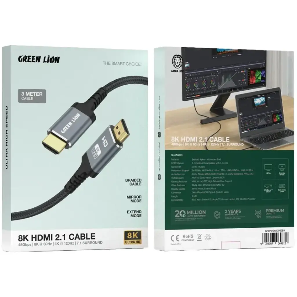 کابل HDMI 2.1 گرین لاین ۳ متری مدل GN8KHDMI3HDBK با پشتیبانی از 8K